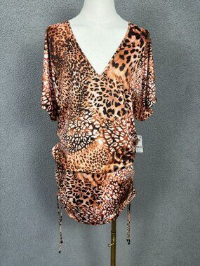 Bar III  Women's Glam Cheetah Print Ruched Dress Beachwear Cover-up Large NWT's.